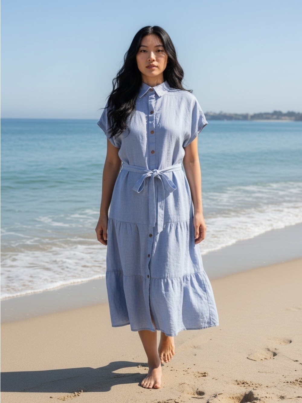 Cynthia Rowley Women’s Large Light Blue Linen Button-Front Tie-Waist Dress
